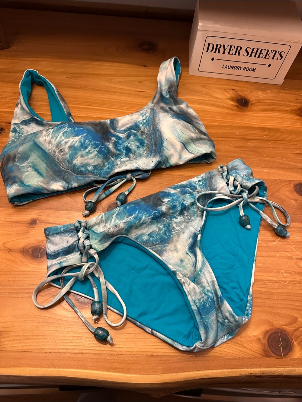 BECCA Teal Marble-Print Bikini Set D large bikini